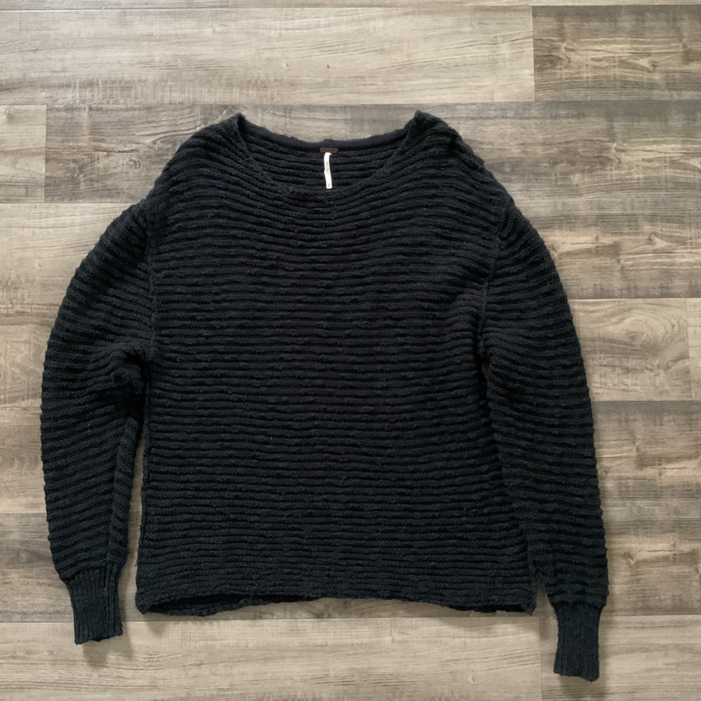 Free People Black Ribbed Knit Cotton Pullover Sweater Size XS
